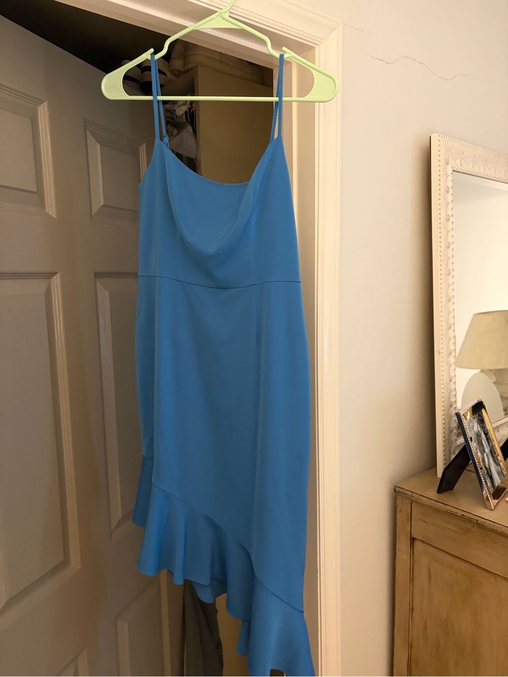 Blue Asymmetrical Slip Dress with Ruffle Hem